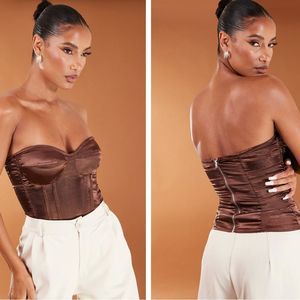 PRETTYLITTLETHING Chocolate Satin Corset SZ 2